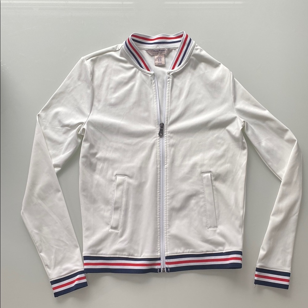 Tommy Bahama White Bomber Jacket with Striped Trim
